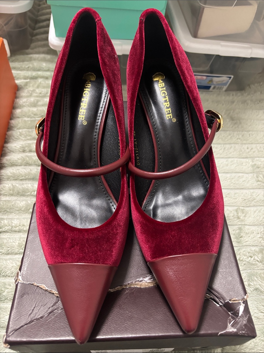 Burgundy Velvet Pointed Mary Jane Heels by BIGTREE